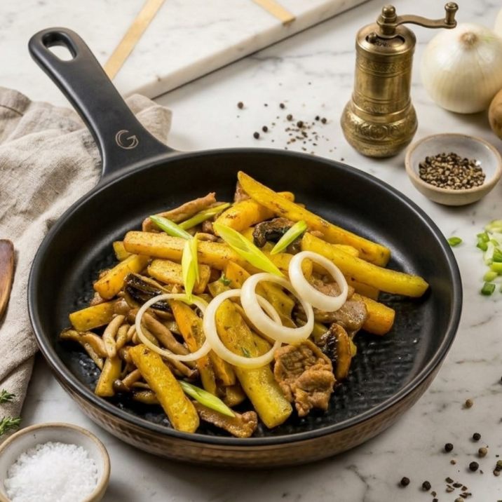 Картофель по-домашнему со свининой и шампиньонами